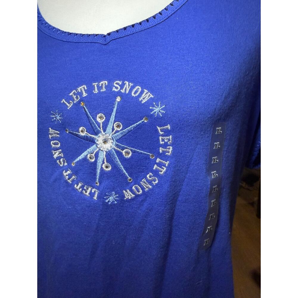 Delicates Let It Snow Embroidered Holiday Christmas Tee, Blue, Women's XL, NWT - Picture 2 of 7